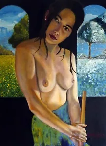 ORIGINAL PETE DAVIES "Proserpine" Female Rossetti winter girl nude OIL PAINTING - Picture 1 of 1