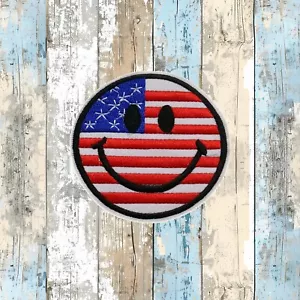 AMERICAN FLAG SMILEY FACE Patch Embroidered Iron-On Applique PATRIOTIC VETERAN - Picture 1 of 16