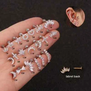 Labret Piercing Ear Ring Surgical Steel 6 8mm Stud Crystal Flat Back Tragus 316L - Picture 1 of 7