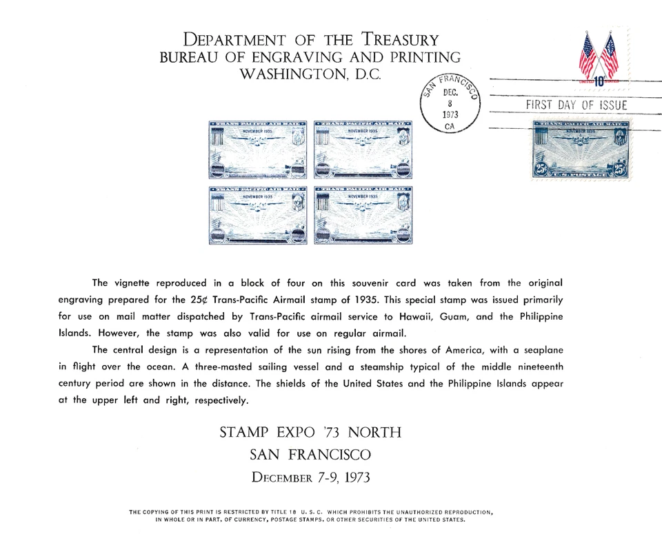 BEP B27 Souvenir Card Stamp Expo '73 North C20 Trans-Pacific FDC #1509 Flags - Image 1 of 1