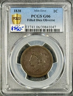 1838 Coronet Head Large Cent Error PCGS G06 Filled Dies Rare Survivor  - Image 1 of 4