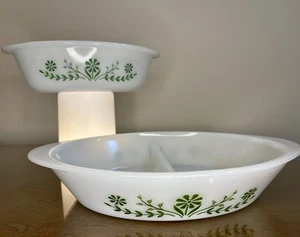 Vintage Glasbake Casserole Set J2352 & J235 Primrose Dream Green Crazy Daisy - Picture 1 of 24