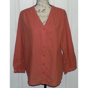 Wishlist Apparel Womens V-Neck Button Front Cotton Eyelet Top Burnt Orange Small - Picture 1 of 7