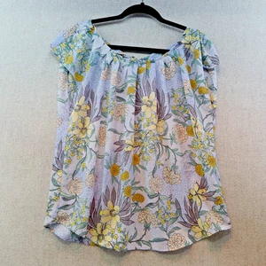 LAUREN CONRAD Blue Yellow Floral Gathered Neck Swing Top, Size L - Picture 1 of 9