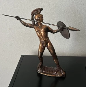 GREEK WARRIOR STATUE SPEAR & SHIELD ANTIQUE SCULPTURE MARBLE BASE COPPER BRONZE - Picture 1 of 4