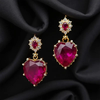 4Ct  Heart Cut Lab Created Ruby 14K Yellow Gold Plated Women's Drop Earrings - Image 1 of 3
