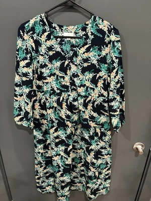 J. Jill 蓝色热带花卉亚麻 3/4 袖长裙 - XS 码 — 第 1/4 张图片