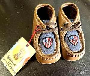 NWT Ariat Infant Lil' Stompers USA Spitfire Logo Sz 1 Brown Blue Shoes Boys Flag - Picture 1 of 6