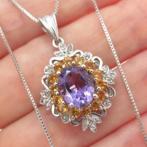 925 Sterling Silver Real Amethyst Yellow & White Topaz Box Chain Necklace 18" - Picture 1 of 9