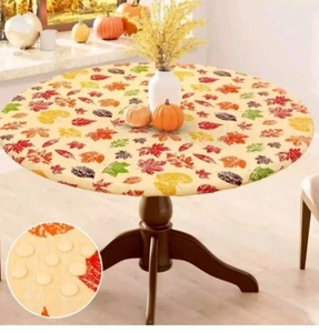 Leaves round Tablecloth, Waterproof Elastic Fitted Table Covers for 36" - 44" Ta - Picture 1 of 9