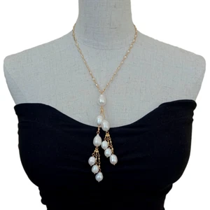 18" Cultured White Rice Pearl Cubic Zirconia Oval Bezel Set Chain Necklace - Picture 1 of 6
