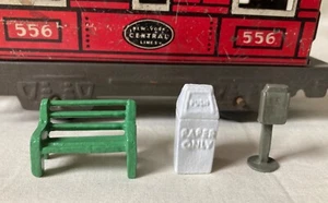 Mailbox, Trash Can & Bench, O scale tinplate model train layout, New/Repro - Picture 1 of 3