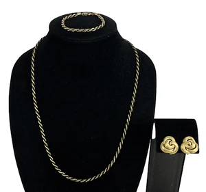 Trifari Married Set Blk Enamel Gold Rope Necklace 22" Bracelet 7.5" Clip Earring - Picture 1 of 8