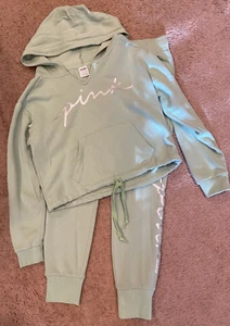 VICTORIAS SECRET PINK TWO-PIECE SWEATSUIT GREEN HOODIE XS JOGGERS SMALL - Picture 1 of 7