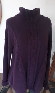 LL BEAN Purple Cable Knit Fisherman Cotton Turtleneck Sweater Sz L - Picture 1 of 5
