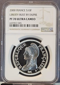 2000 FRANCE SILVER 10 FRANCS LIBERTY BUST BY DUPRE NGC PF 70 ULTRA CAMEO RARE - Picture 1 of 3
