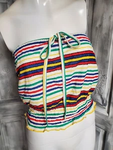 XS-S Terrycloth Tube Top Vtg Rainbow 70s Retro Disco Hippie Boho Ruched Waist - Picture 1 of 4