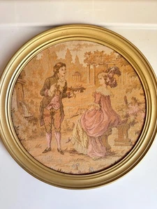 French vintage 1982 tapestry framed round, Aubusson, pastoral, romantic. - Picture 1 of 5