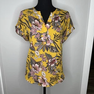 Rachel Roy gelbe geblümte Bluse Damen M geteilter Ausschnitt tropisch Kurzarm - Bild 1 von 5
