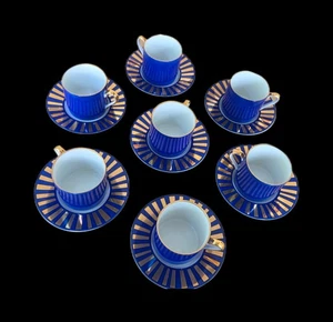 Fitz And Floyd Kobaltblau "Tutanchamun" 7er Set Demitasse Tassen Untertassen Vintage - Bild 1 von 24