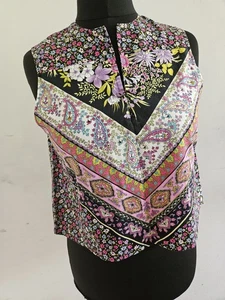 Boho Hippie Floral Paisley Sleeveless Vest Top Blouse HighNeck Retro Size M - Picture 1 of 17