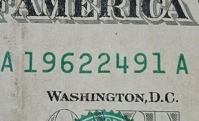 1962 Birthday/Anniversary Year $1 One  Dollar Bill Fancy Serial Number - Image 1 of 3