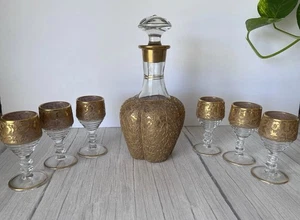 Paden City Spring Orchard 22k Gold Encrusted Lobed 1930's Decanter & 6 Cordials - Picture 1 of 15