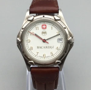 Vtg Wenger Bacardi Watch Men Swiss 37mm Silver Tone Date Leather New Battery - Picture 1 of 16