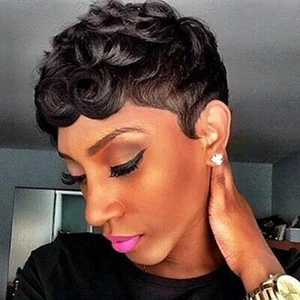 Women Short Curly Wave Black Human Hair Wig No Lace Brazilian Remy Hair Glueless - Picture 1 of 12