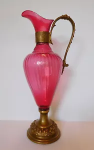 Victorian Mantle Ewer, Spiral &Ribbed Optic Cranberry Glass, Ornate Brass Mounts - Picture 1 of 11