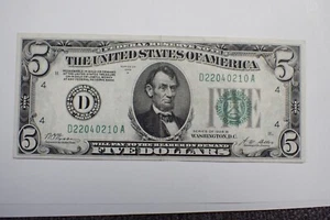 1928 B $5 FEDERAL RESERVE NOTE CLEVELAND REDEEMABLE IN GOLD ON DEMAND crisp - Picture 1 of 13