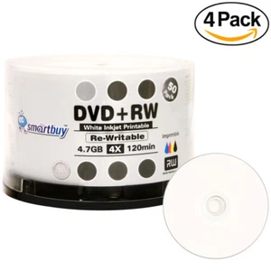 200 Smartbuy DVD+RW 4x 4.7GB White Inkjet Hub Printable Rewritable DVD Disc - Afbeelding 1 van 3