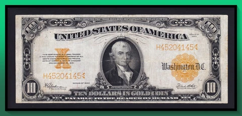 Fr. 1173 1922 $10 Gold Certificate VF Cover