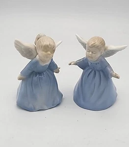 Christmas Kissing Angel Bells Girl & Boy Porcelain Figurines Marked LR 4" Tall - Picture 1 of 11