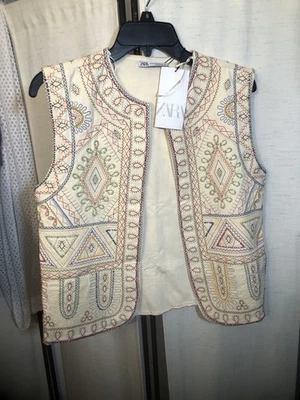 Zara NWT Embroidered Vest Yellow Open Front Cropped Medium - Image 1 of 4
