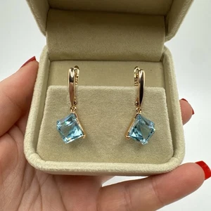 Pendientes colgantes de pasta azul océano oro laminado de 14 quilates unidos con sello 585RG - Imagen 1 de 9