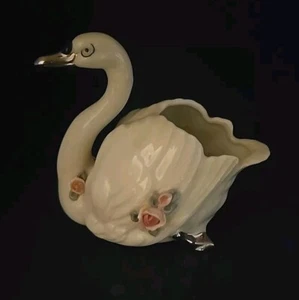 Dresden Porcelain Swan Figurine Mini Planter Pink Flowers 5" - Picture 1 of 14
