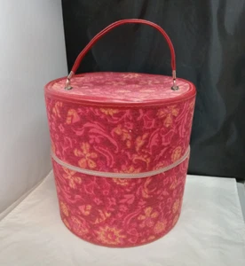 Vtg Hat Box Wig Case Carrier Zippered Round Luggage Red 50's 60's Floral Print - Picture 1 of 8