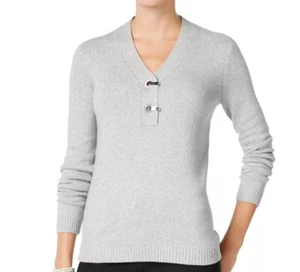 Charter Club Women's Metallic Cotton Henley Gray Silver Sweater Sparkly Size XS - Picture 1 of 11