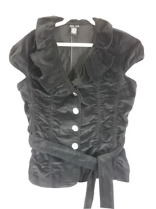 D.F.A. New York Top Sz L Black Velvet Ruched Belted Ruffle V-Neck Party Cocktail - Picture 1 of 11