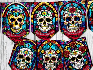 Halloween Mexican Day of the Dead Bunting Stained Glass Effect Decoration - Picture 1 of 4