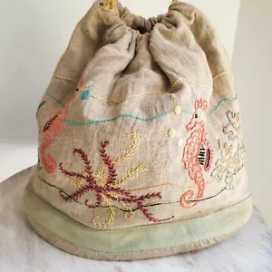 Vtg Grain Sack Upcycled 1930s Wartime Ocean Coral Sea Seahorse Embroidered Bag - Picture 1 of 18