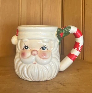 Vintage Napco Santa Claus Face Ceramic Mug Candy Cane Handle Holly Accent - Picture 1 of 14