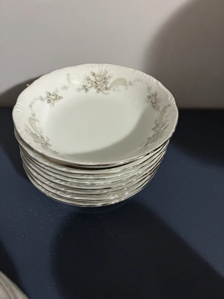 7 Ashcraft china Fruit Dessert Bowls "Queen Anne" yellow roses gray leaves Japan - Image 1 of 1