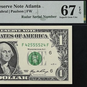 2006 $1 Federal Reserve Note PMG 67EPQ - Fancy Radar Serial Number 42555524 - Picture 1 of 3