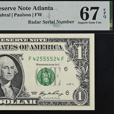 2006 $1 Federal Reserve Note PMG 67EPQ - Fancy Radar Serial Number 42555524 - Image 1 of 3