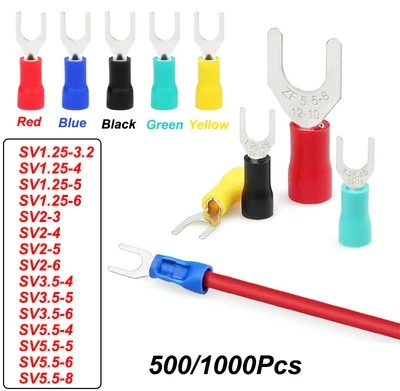 500/1000Pcs Fork Typ Insulated Crimp Terminals M3-M8 Red/Blue/Yellow/Black/Green - Image 1 of 4