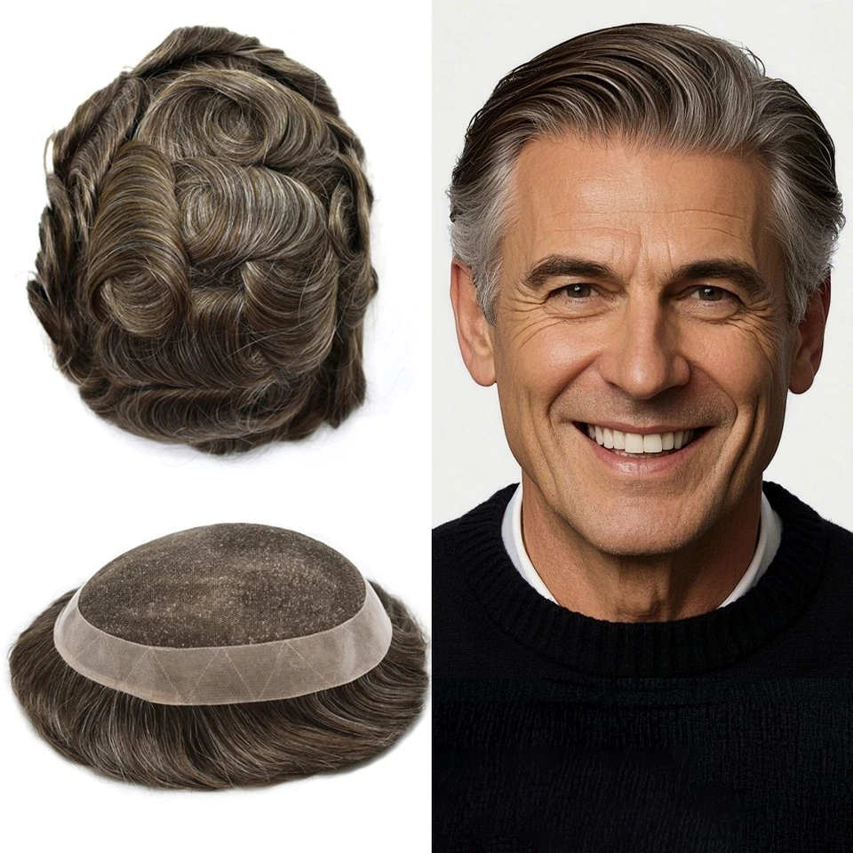 Peluca alrededor de la unidad de cabello de encaje francés para hombre Toupee de repuesto de piel de polietileno NPU Foto 1 de 4