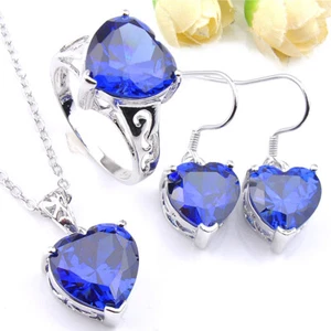 Neu Geschenke Schmuckset Herz Schweizer Blautopas Silber Ohrringe Halskette Ring 7 8 9 - Bild 1 von 9