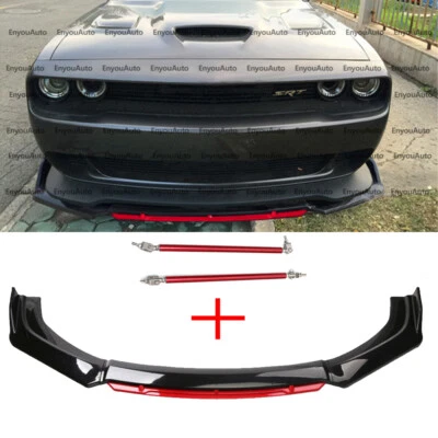 For Dodge Challenger SRT SXT Front Bumper Lip Spoiler + Strut Rods Black Red Foto 1 de 4